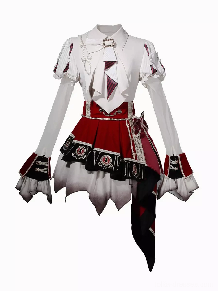 Complete flat lay of circus lolita coordinate set including white blouse with puffy sleeves, cuffs, and high-low red-black ruffle skirt