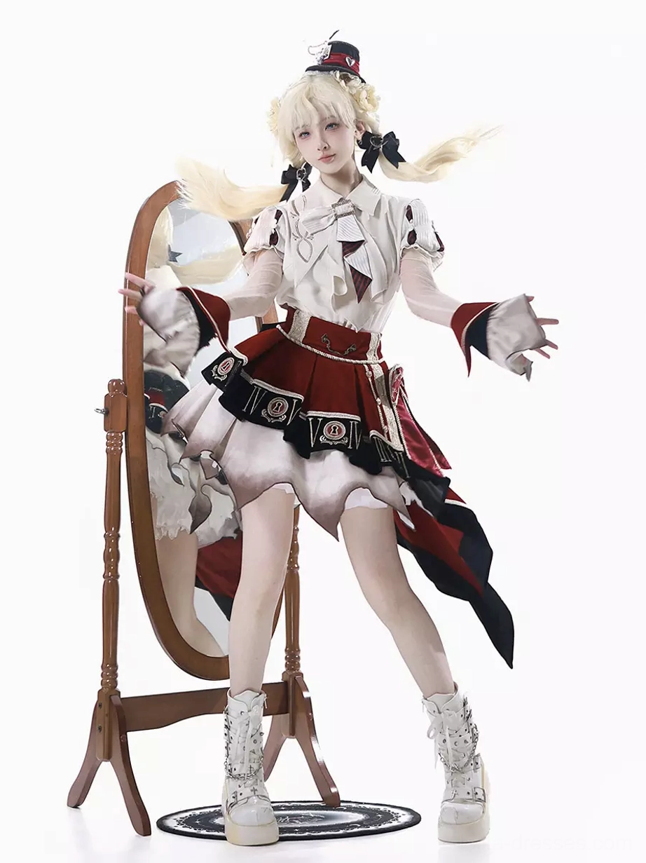 Sweet lolita circus performance outfit with high-low asymmetrical skirt worn by blonde model with white platform boots and mini top hat in studio