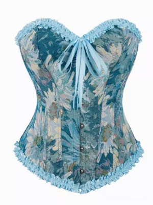 Blue vintage floral jacquard lolita corset top strapless with light blue ruffled trim and metal button closures front view