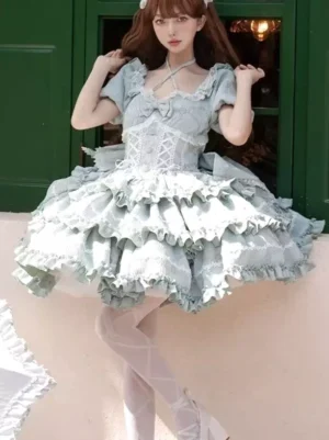 Pale blue lolita dress corset cross halter neck strap side three-quarter view outdoor green door wall layered ruffle skirt