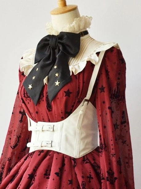 White strappy PU corset bustier with wine-red gothic printed dress and decorative black star bow, side front view