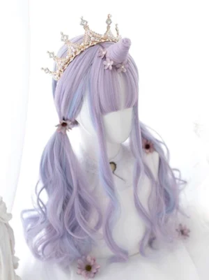 pastel purple-blue lolita curly wig with straight bangs and face-framing tendrils worn with royal crown on white mannequin head side front profile view