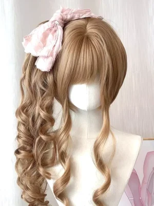 Brownish black double ponytail curly lolita wig with full fringe displayed on mannequin head, featuring voluminous ringlet curls and large pink decorative bow, front view showcase