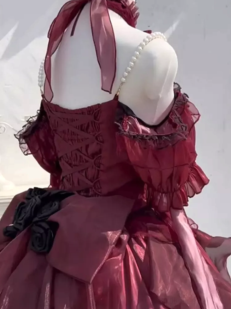 Lolita dress shoulder strap and sleeve details back view showing pearl shoulder straps, halter neck ribbon construction and ruffled off-shoulder design