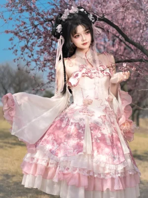 Enchanted magenta lolita dress close-up chest embroidery floral design detached sleeves
