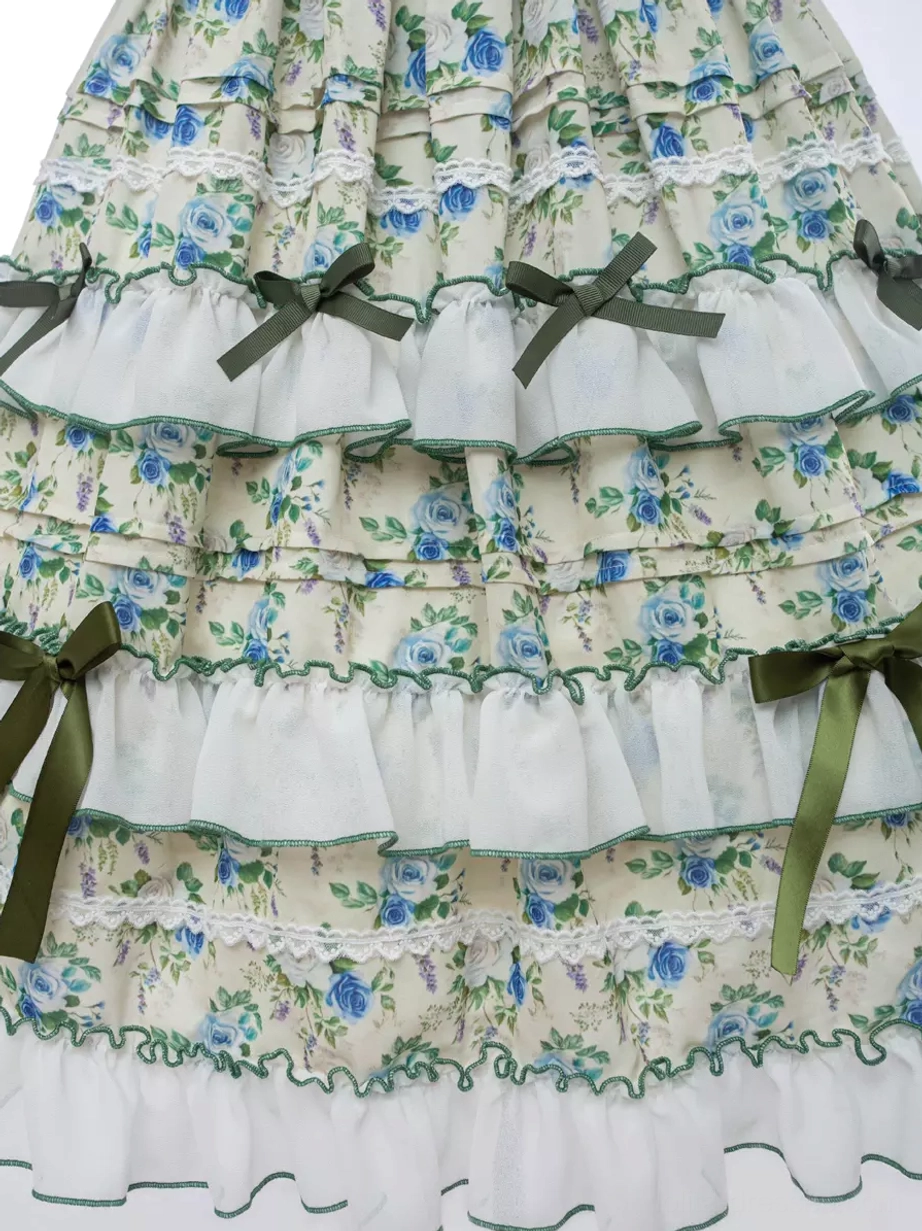 Short sleeve floral lolita dress complete outfit coordination tiered ruffled skirt green accents classic aesthetic