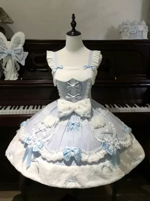sleeveless lolita jumpskirt dress square neckline white fur collar blue bow snowflake decorations front view
