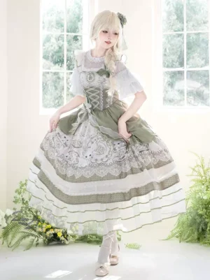 Elegant sweet Lolita formal dress with corset bodice, sheer puff sleeves, and layered lace-trimmed printed skirt, full body standing pose window lighting