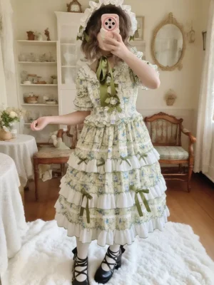 Classic short sleeve lolita dress full body view yellow floral print blue flowers mary jane shoes matching bonnet