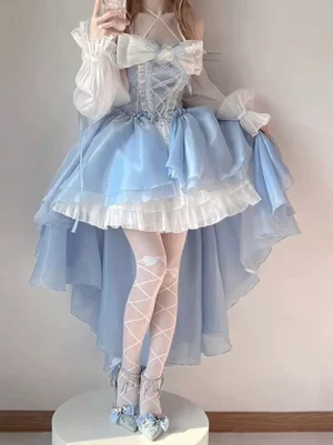 Sweet lolita fairy dress mirror selfie featuring light sky blue dress with lace-up heels and cross-tied thigh-high stockings