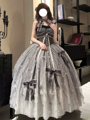 Classic lolita formal dress with satin bows on full tulle skirt and halter corset top in black silver ombre
