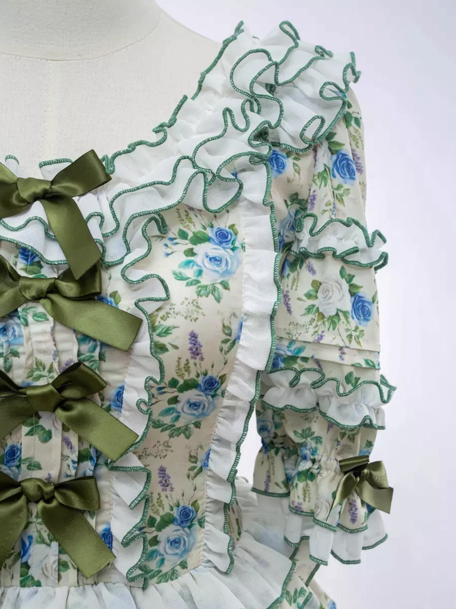 Lolita dress polyester fabric floral pattern blue yellow green ribbons construction quality material close up