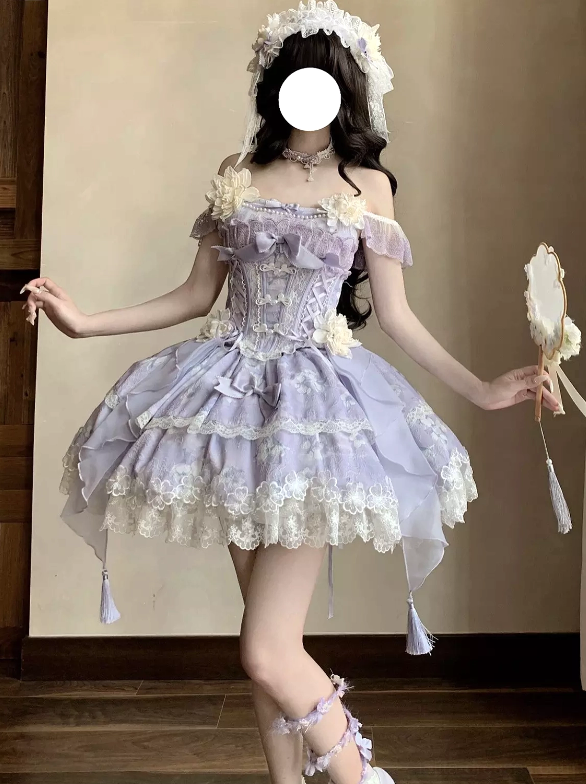 Off-shoulder purple lolita dress showcasing side profile with bone corset bodice and tiered ruffled skirt layers