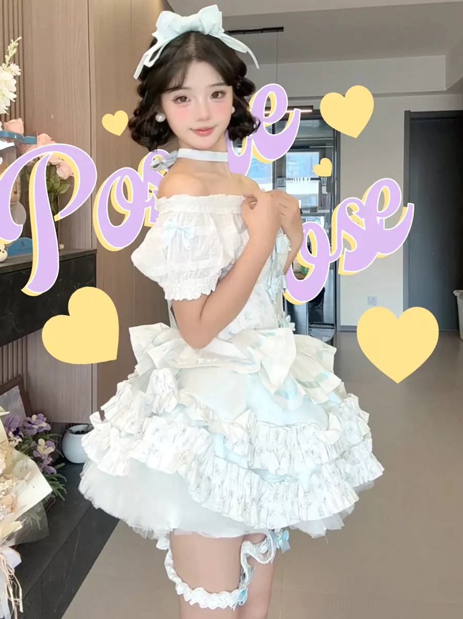 Lolita dress set styled on model half body view featuring off-shoulder design decorative bow details lace leg garter romantic fairy aesthetic