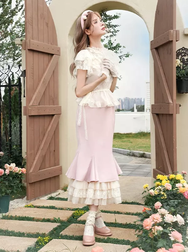 Sweet lolita dress set side profile showing elegant standing posture and silhouette with lace-up top closure detail