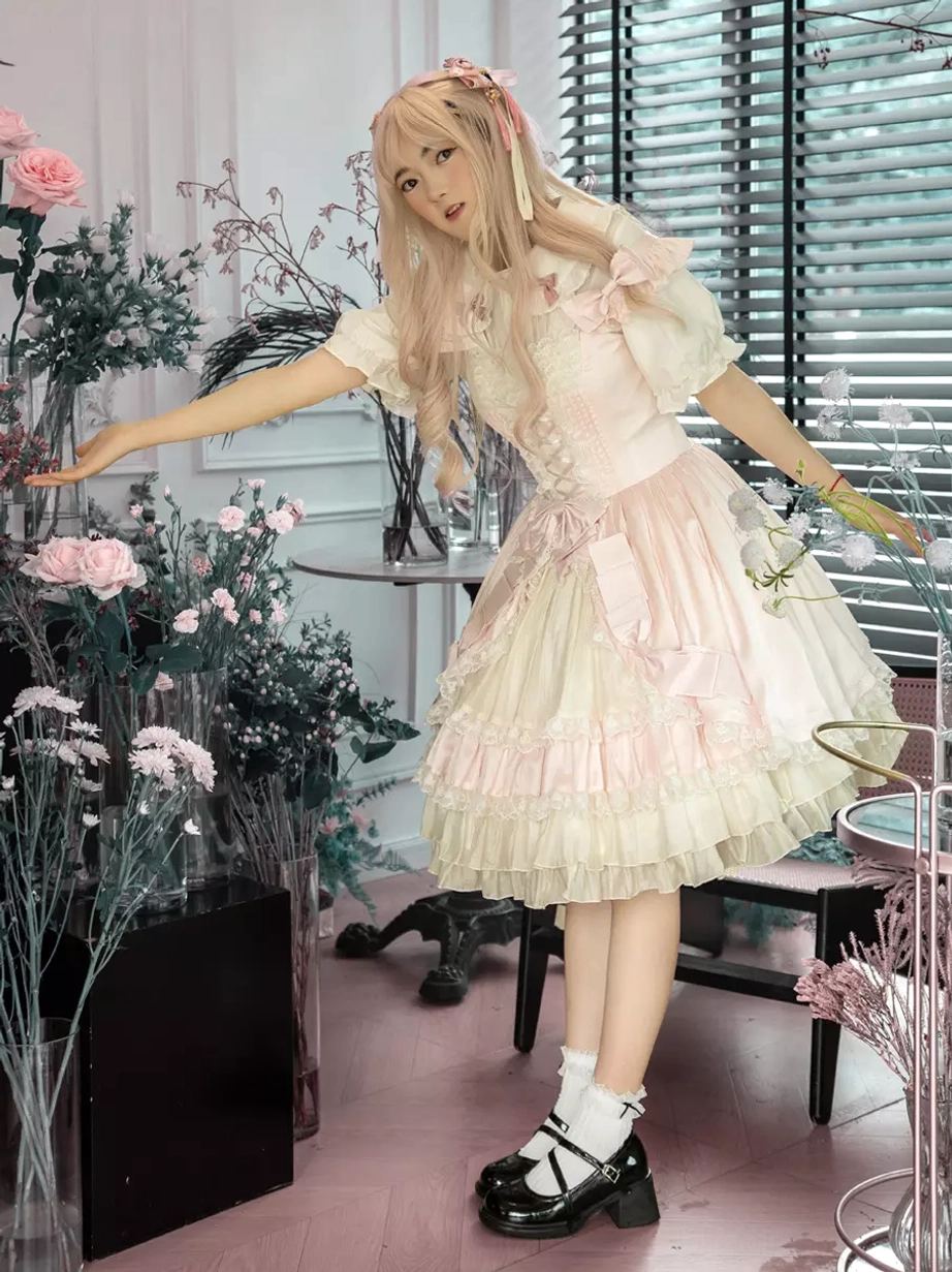 Sweet lolita dress side dynamic pose extended arm indoor flower shop scene matching floral decor pink wig coordinates