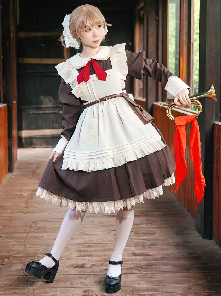 Three-quarter view of classic lolita dress emphasizing the bell-shaped silhouette, long puffed sleeves, white cuffs, and traditional proportions of authentic lolita design
