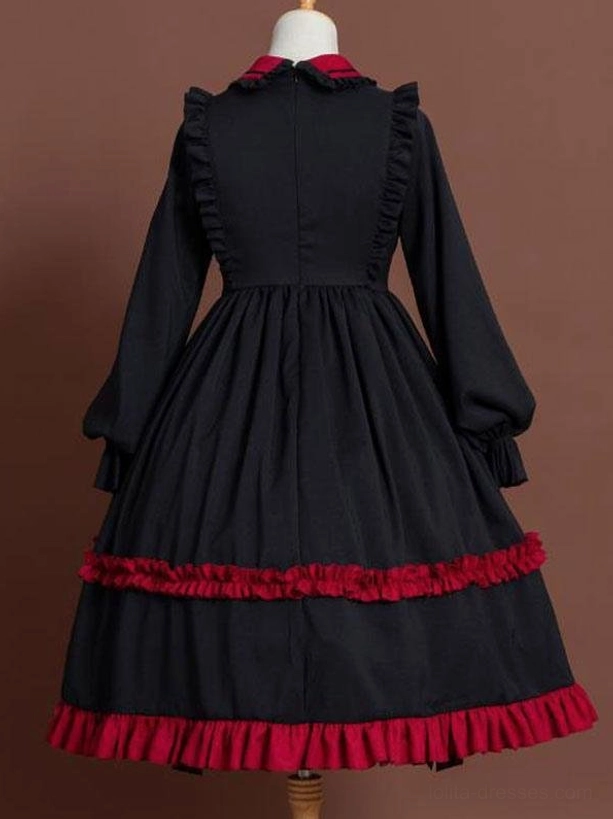 Two-tone classic Lolita OP dress back view showcasing tiered pleated ruffled skirt and structured bodice details