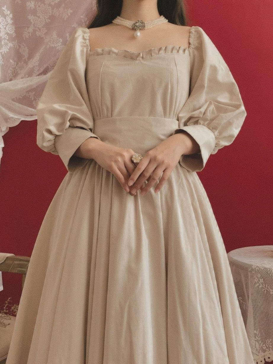 Lolita dress upper body detail pearl choker ruffled square neckline puff sleeves vintage styling accessories