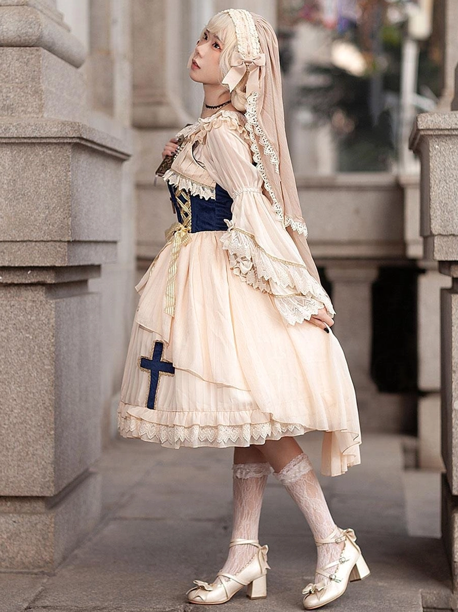Full lolita coordinate apricot pink dress matching veil set outdoor stone passage blonde model mary janes heels