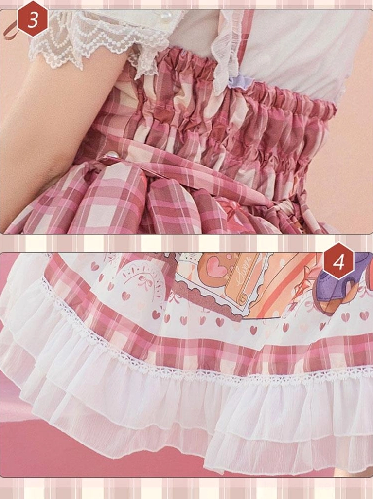 Lolita dress waist detail close up showing pink gingham pattern elastic ruched waist and adjustable corset straps
