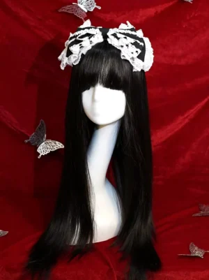 Dual black bow lace headband lolita accessory, full frontal shot on mannequin with long straight black hair against red velvet backdrop