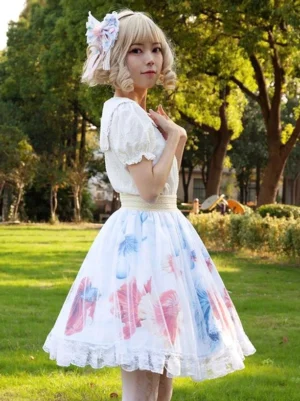 lolita skirt set beige elastic waistband ruffled lace trim fish bubble print side three quarter view grass field
