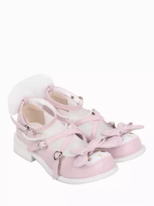 Pink sweet Lolita block heel shoes with heart-shaped buckles charming bowknot and fluffy pom-pom heel side oblique angle