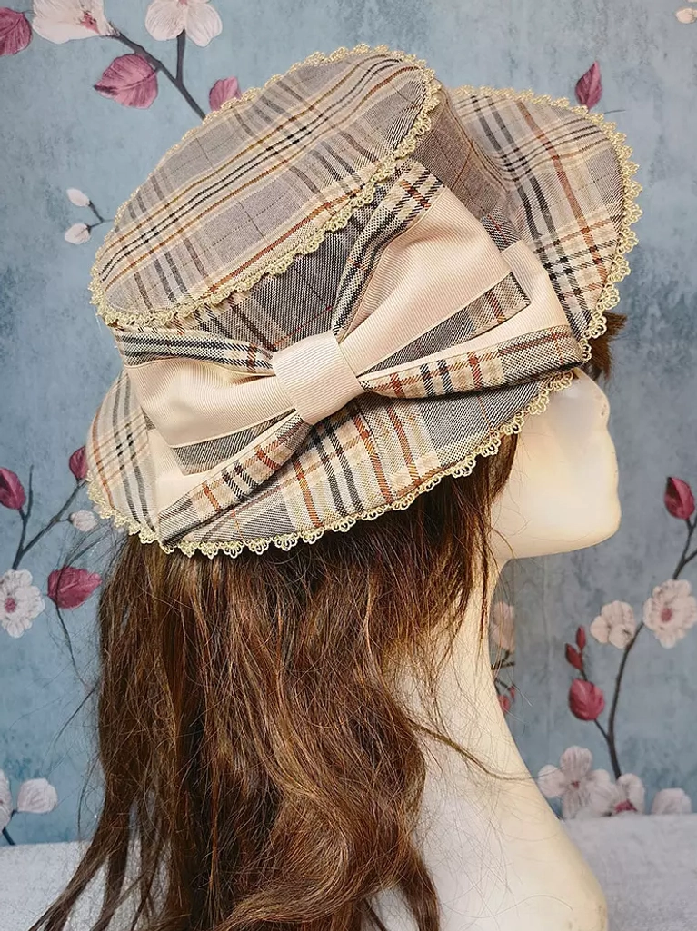 Light brown plaid lolita hat with beige large bow and delicate lace brim trim, pastoral style headdress on mannequin display