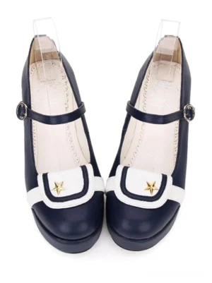Lolita flatform pumps pair front top view showing adjustable ankle strap with buckle closure, visible insole branding, navy and white two-tone design with platform sole