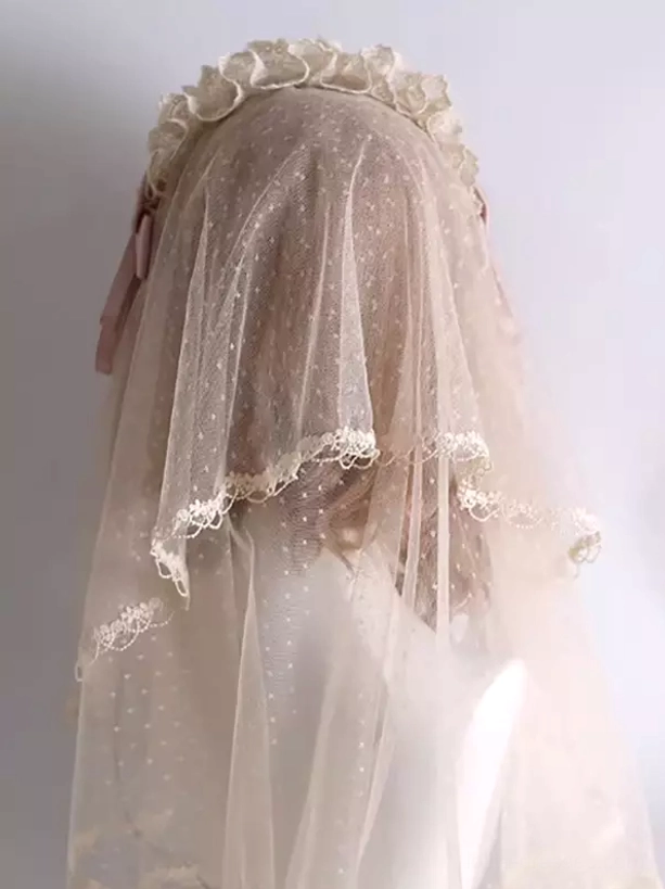Sweet lolita hair veil rear back view displaying ruffled lace headband construction, gathered tulle with dotted pattern, lace trim details, and partial satin bow for complete coordinate aesthetic