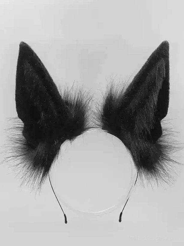 Classic black faux fur fox ear headband with dense plush material and no extra decorative accessories, plain gothic lolita headwear timeless style flat product shot