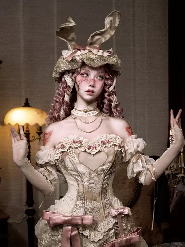 Full lolita coordinate featuring white mesh arm covers layered with sheer lace long gloves pearl necklaces and bunny ear headpiece