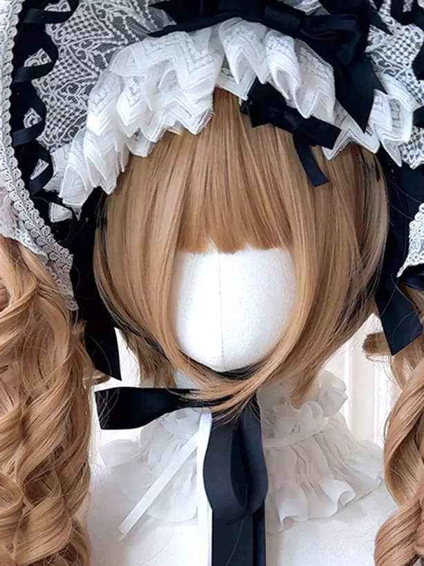 Sweet Lolita golden-brown curly wig with bangs close-up mannequin head ruffled bonnet black bow details styling