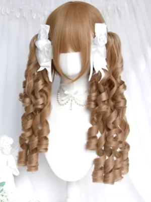 Lolita wig golden-brown ringlet curls twin ponytails front display with white flower bows and pearl necklace accessories
