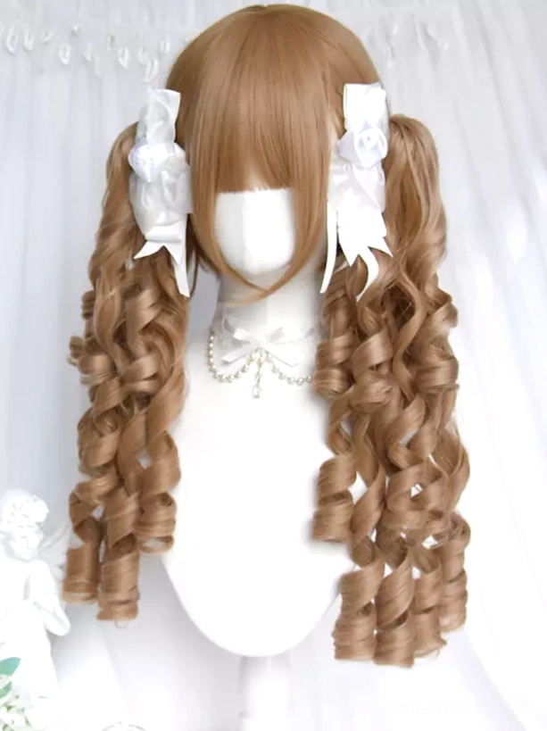 Lolita wig golden-brown ringlet curls twin ponytails front display with white flower bows and pearl necklace accessories