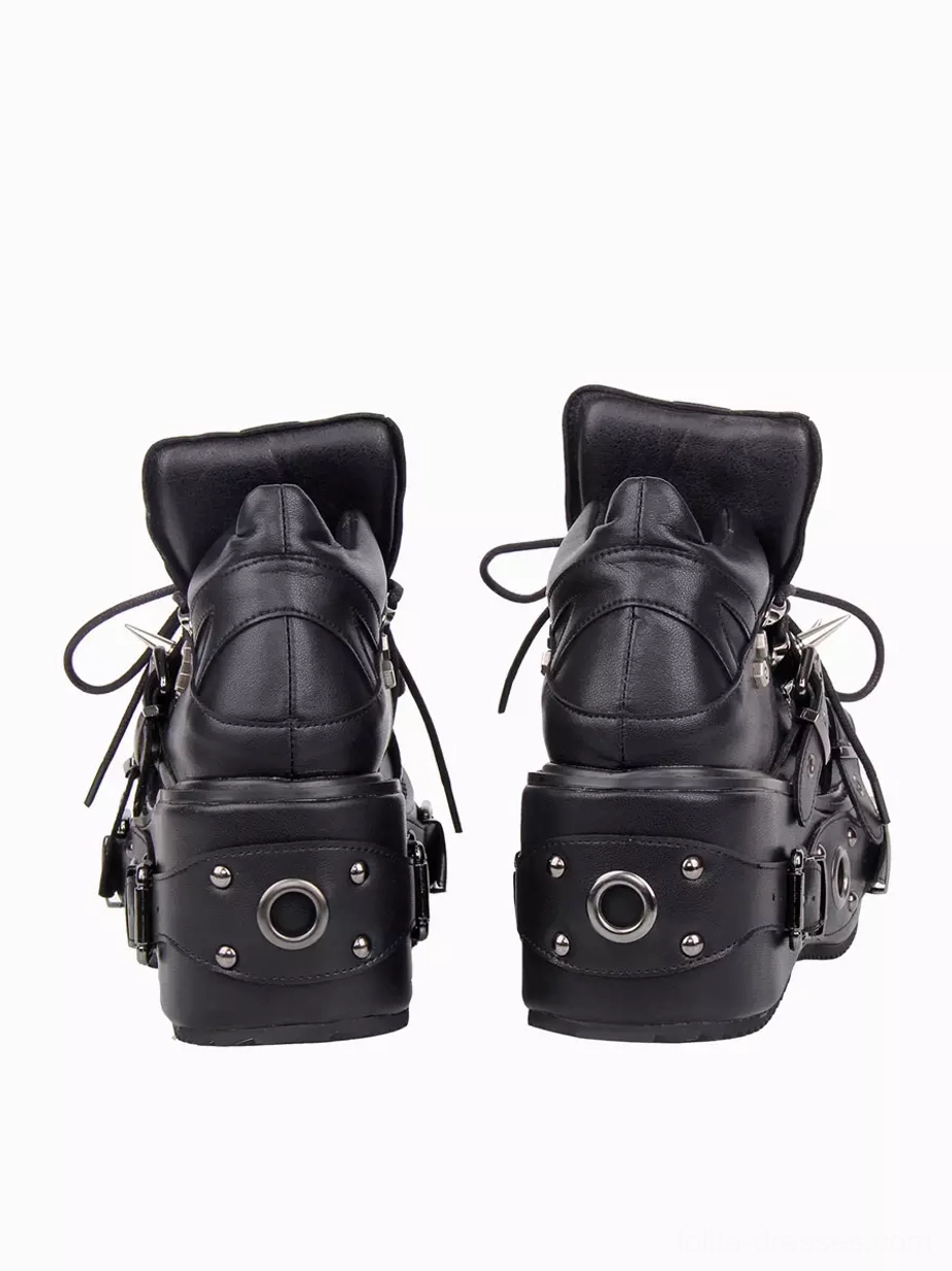 Rear view of Gothic Lolita wedge heel boots showing high-top collar back studded details and lace-up spike trim design