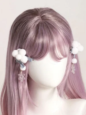 Front-facing model view of ethereal light sky blue Lolita hair clips with white cloud pompoms and snowflake crystal pendants on mannequin head with lilac wig, showcasing satin bow detail and delicate charm arrangement