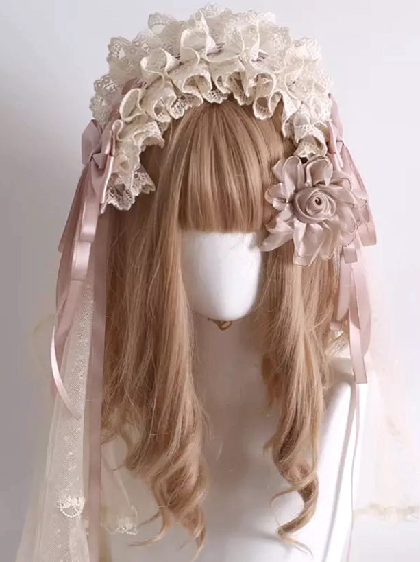 Lolita headdress front full view featuring ruffled lace headband, dual fabric flowers, long flowing satin ribbons, and intricate dotted tulle construction perfect for sweet lolita fashion coordinates