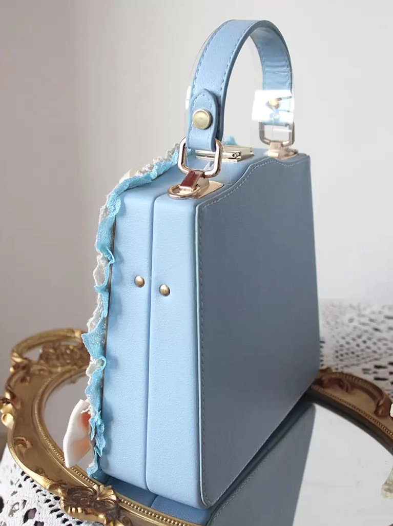 Sweet lolita PU leather handbag detail shot of satin bow and lace trim embroidery embellishments