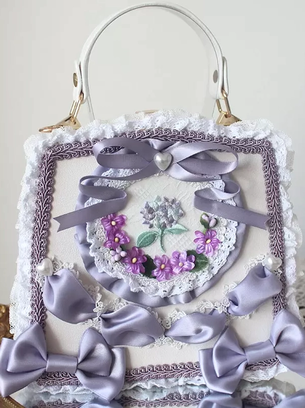 Purple and white sweet lolita PU leather handbag with purple satin bows lace trims floral decor