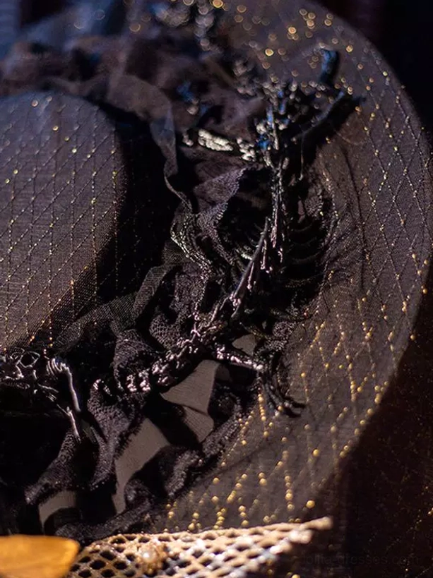 Top-down overhead view of lolita hat brim showing grid-patterned glitter mesh texture, twisted branch ornaments, and gold trim detailing on wide brim edge