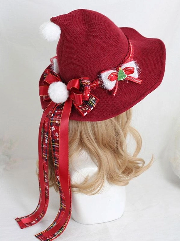 Lolita hat side rear view Christmas themed small bows white pom pom accents festive styling