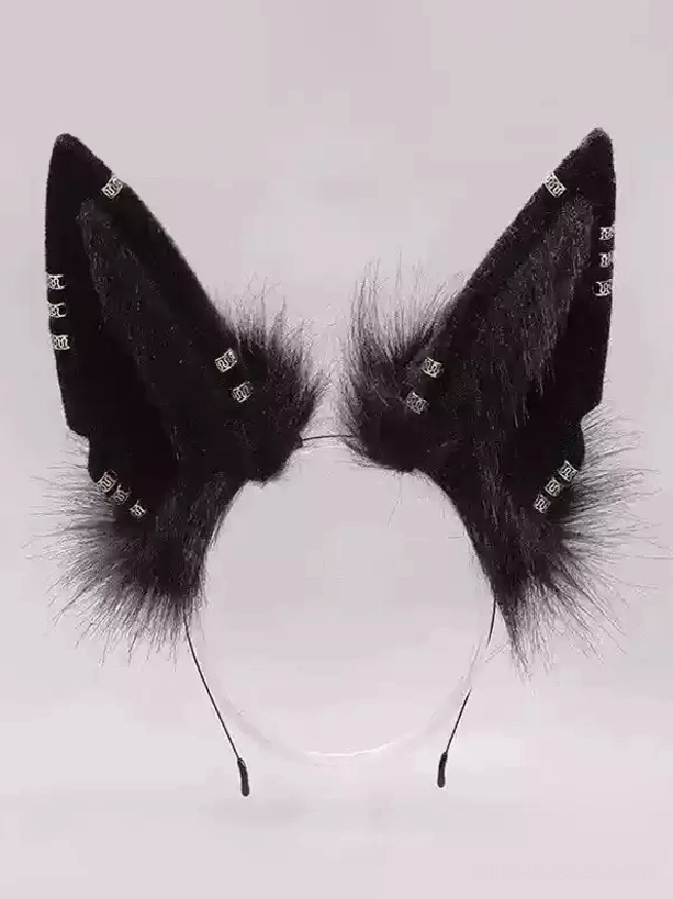 Minimalist black faux fur fox ear headband with subtle rhinestone edge trims in flat lay product photography, clean gothic lolita accessory design detail view