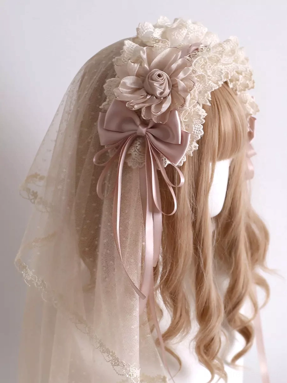 Lolita headpiece right side profile showing scalloped lace veil hem, mounted satin bow, delicate dotted tulle overlay, and refined craftsmanship for alternative fashion enthusiasts