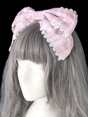 lolita-hair-accessory-pink-plaid-double-layer-lace-trim-purple-embroidery-side-angle