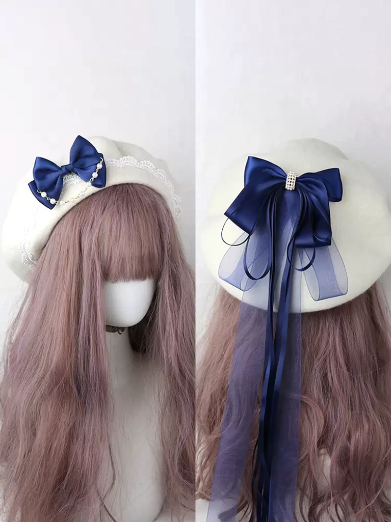 Lolita headdress beret collection side angle view showing ruffles and bow construction