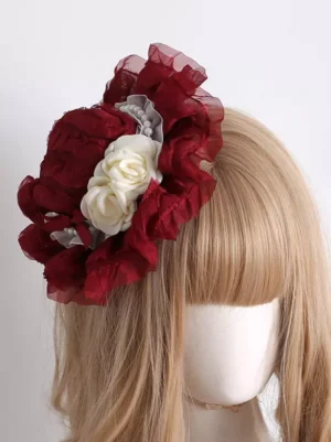 Classic Lolita fascinator hair hat side profile displaying burgundy organza ruffles with delicate white rose and silver-grey ribbon details