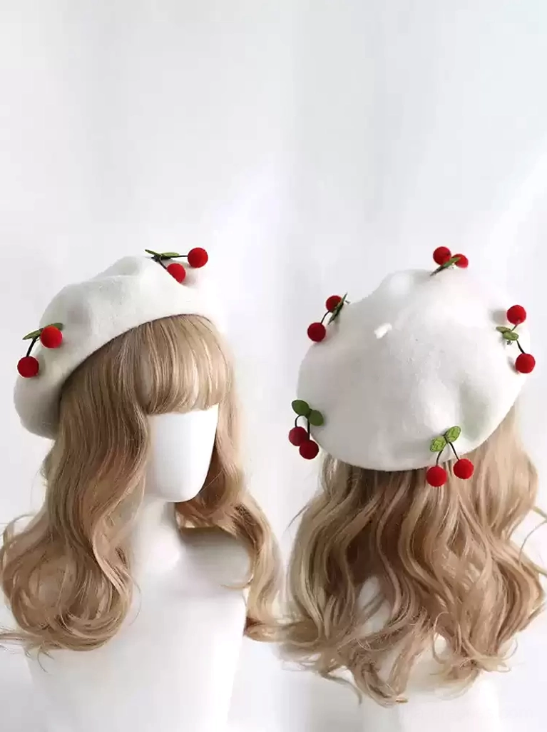 Pure white Sweet Lolita cherry beret with red cherry pom-pom decorations, front and back angle showing detail