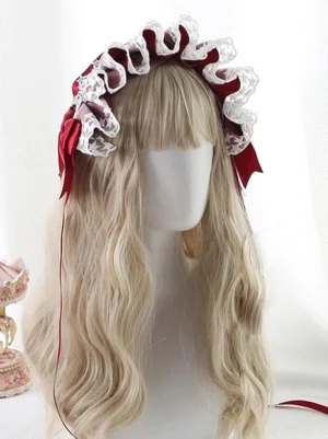 Red-white sweet lolita lace headband with ruffled lace edge and satin bow decorations worn on mannequin three-quarter angle view